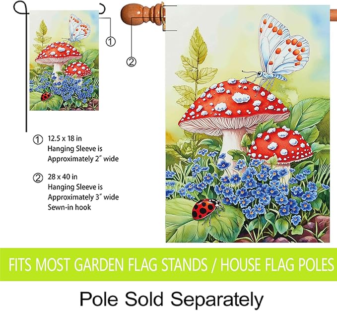 Morigins Welcome Mushroom Spring Garden Flag Double Sided Butterflies and Flower Farmhouse Spring Summer Seasonal Yard Decoration House Flag 28×40 inch