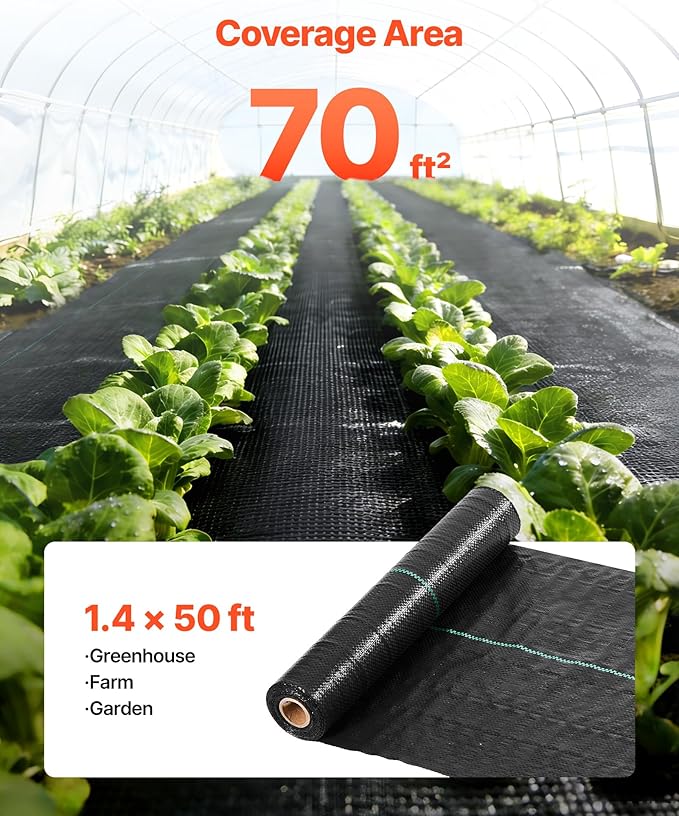 VEVOR 1.4x50FT 3.2oz Weed Barrier Fabric Heavy Duty, Landscape Fabric, Woven Weed Blocker Fabric, Garden Weed Fabric, Weed Control Fabric Ground Cover, Landscaping Cloth, Gardening Weed Mat, Black
