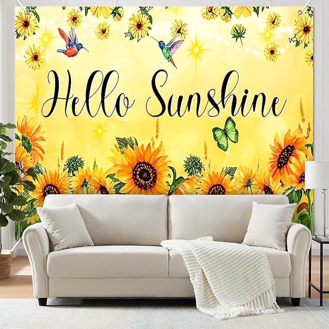 BlissYard Hello Sunshine Backdrop Decoration Sunflower Floral Banner 8x6ft Summer Spring Photo Backdrop Yellow Flower Background for Garden Party Photo Booth Seasonal Event Wall Display