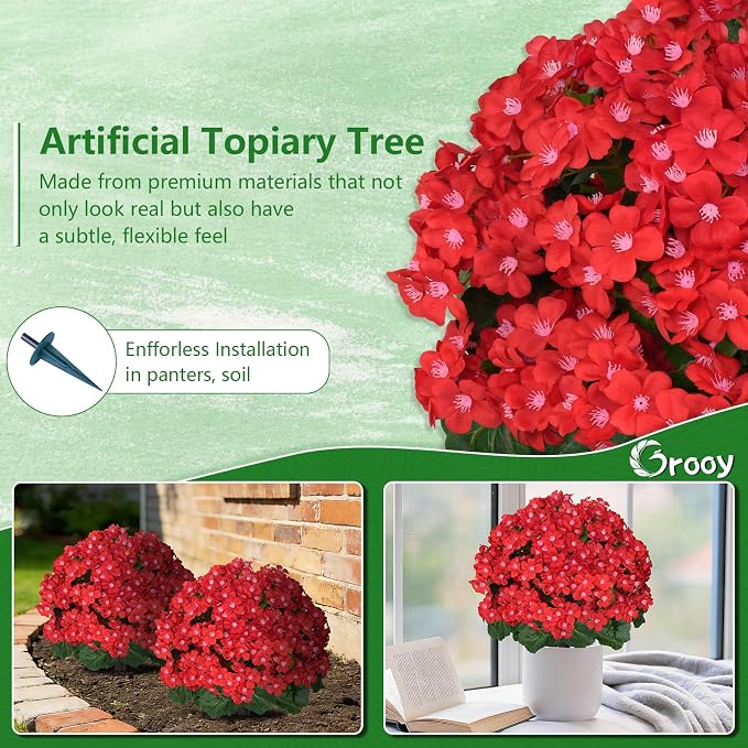 Grooy Artificial Plants Flowers Topiary Ball for Outdoor, 2 Pack Fake Silk Crabapple Flower Plant Bushes, UV Resistant Realistic Plants Shurbs for Outside,Front Porch,Patio,Yard(Red)