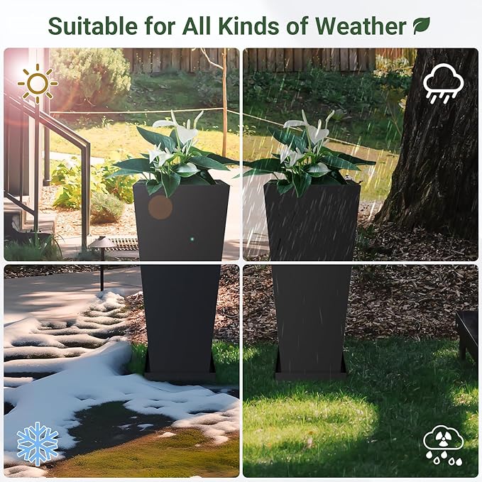 Metal Tall Outdoor Planters Set of 2, 30 inch Durable Tall Planters with Rust-Proof Coating & Drainage Insert Shelve & Trays, Black Outdoor Planters for Porch, Garden, Patio, Yard