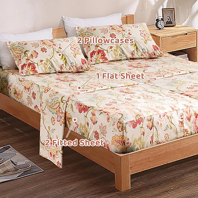 QSH 100% Egyptian Cotton Floral Sheets for Split King Size Bed, Red Yellow Flowers Plant Pattern Botanical Printed Bedding Deep Pockets 17" Soft and Breathable 4pcs