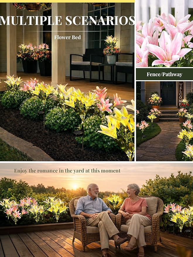GIGALUMI Solar Garden Lights, 4Pack LED Lily Garden Decor Carefree Solar Flowers Outdoor Waterproof, Yard Decorations Outdoor, Allergy-Free Light up Flowers for Yard Patio (2Pink,1White,1Yellow)