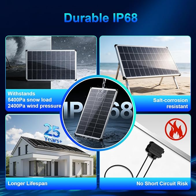 200w Solar Panel,200 watt Solar Panel 12v n Type 18bb Solar Panels A+ Grade PV Module IP68 Waterproof,25% high Efficiency Solar Cell 200w Solar Panels for Off Grid RV Boat Rooftop Camper