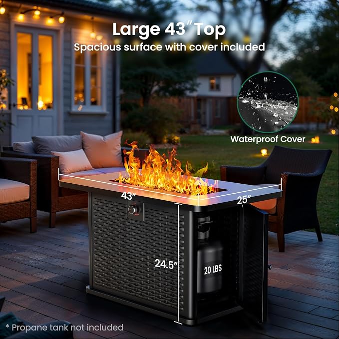 Ciays 43-Inch Rectangular Propane Fire Pit with 60,000 BTU Output, Gas with Cover & Rocks, Table CSA-Certified 2 in 1Table Gatherings Parties with 304 Stainless Steel H-Burner