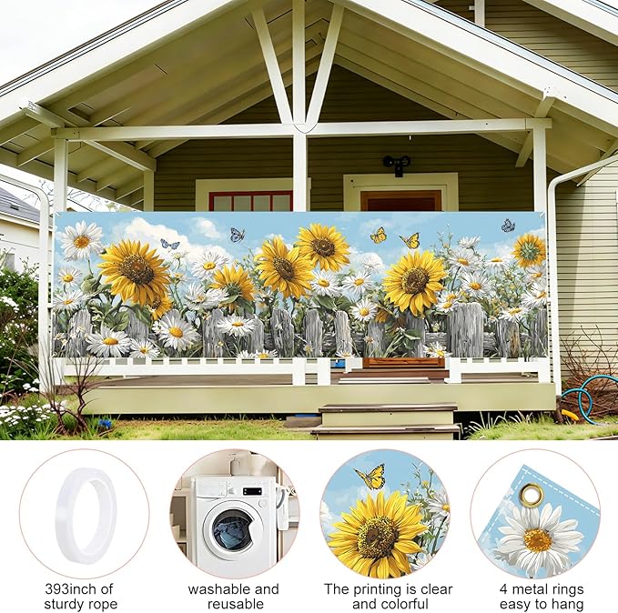 Sunflower Spring Fence Banner 118 x 35 Inch, Large Waterproof Outdoor Floral Banner with Sunflowers, Daisies & Butterflies for Yard Garden Porch Fence Decorations