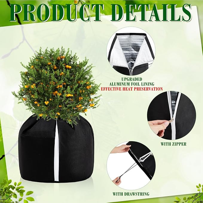 Windyun 4 Pack Plant Winter Protection Pot, 2 PCS 19.7" x 17.7" and 2 PCS 25.6" x 27.6" Flower Pot Protection Bags Cold Weather Plant Cover for Winter Outdoor Fruit Trees Potted(Black)