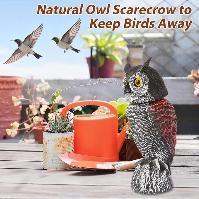 Fake Owl Decoys to Scare Birds Away-15.8 Inch, Rotating Head Sculptures, Nature Enemy Scarecrow Plastic Owl Statues, Bird Control and Pigeon Deterrent Outdoor for Outside, Patio, Yard