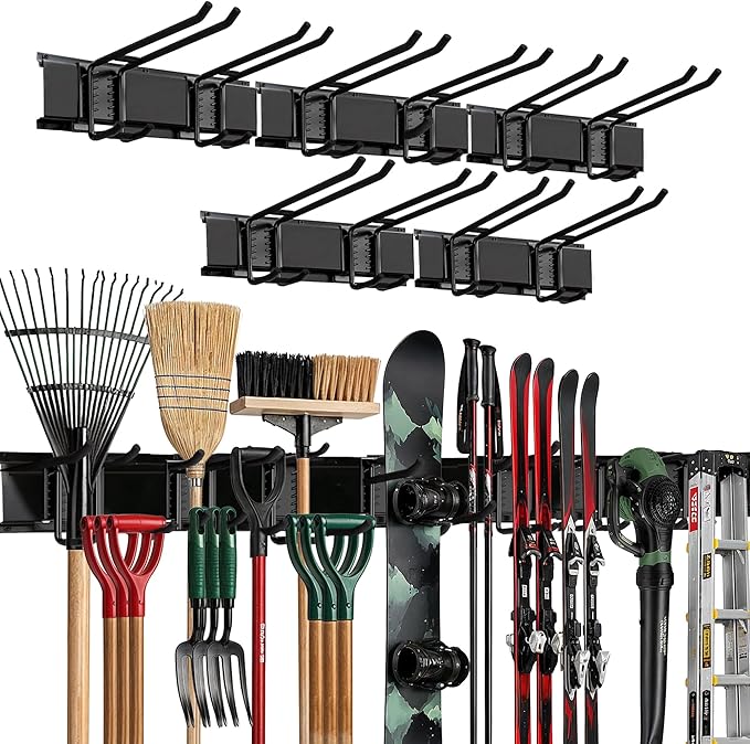 TIDYME Garage Wall Organizer | 80" Heavy-Duty Tool Storage Rack | Adjustable Double-Layer Hooks | 500 lbs Capacity | Carbon Steel Wall Mount Holder for Shovels, Rakes, Ladders & Power Tools