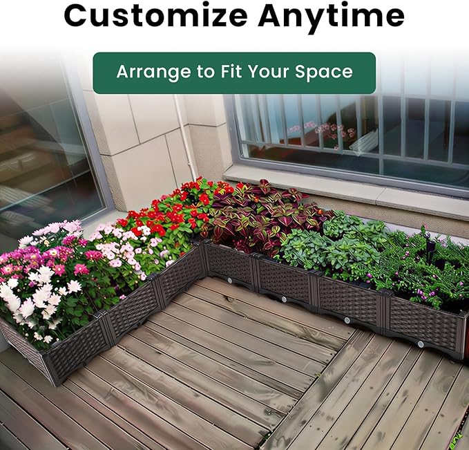 Raised Garden Bed with Legs & Drain Outlet, Self-Watering System Outdoor Elevated Wicker Planter Box Rectangular Patio Plant Containers for Vegetables, Flowers (4-Box)