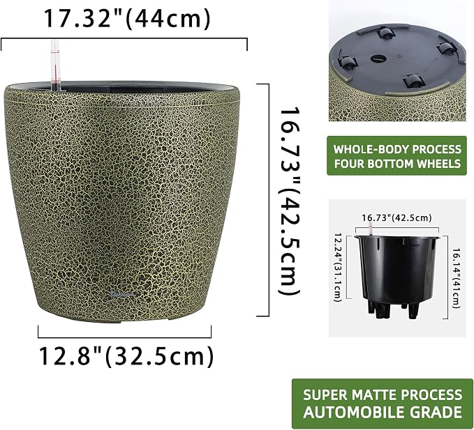 Dexceder 18x17 Self Watering Planter with Wheels (Black Gold Crackle) | Inner Pot Design, Thickened Large Floor Standing Flower Plant Pot with Water Level Indicator Indoor Outdoor