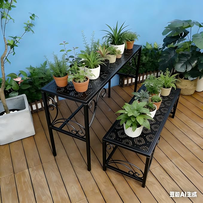 2 Tier Metal Plant Stand, Ladder Flower Pot Holder Plant Stands, Stackable Heavy Duty Tall Plant Shelf Flower Pot Holder for Patio Garden Corner Balcony Living Room (2 Tier H16.3 In-Black)