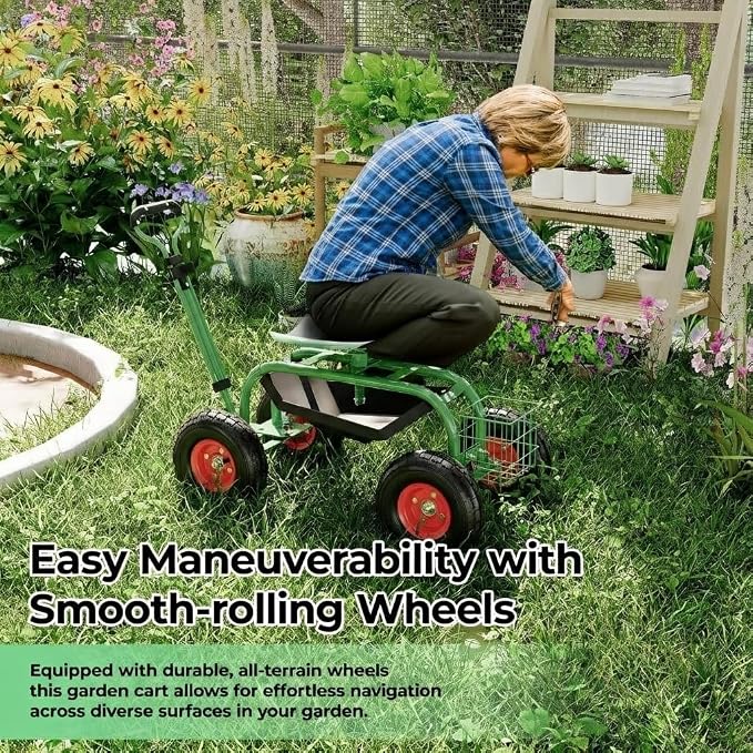 Garvee Garden Cart Rolling Workseat with Wheels, Gardening Stool for Planting, 360 Degree Swivel Seat with Steering Handle & Utility Tool Tray, Use for Patio, Yard, and Outdoors, Green