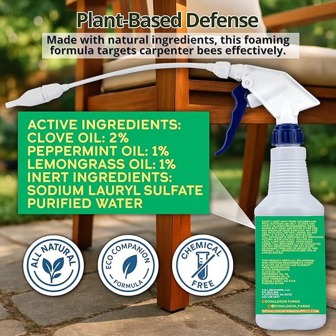 Donaldson Farms Carpenter Bee Spray – Wood Boring Bee Spray for Sheds, Decks & Outdoor Wood – Subtle Foaming Formula, Deep Reach Precision Nozzle – Peppermint & Clove Oil – 16 oz