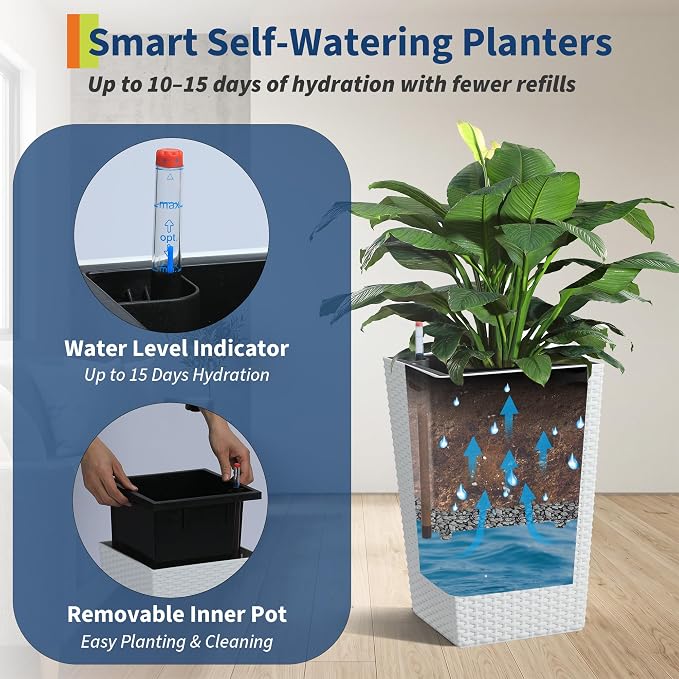 Garvee 16 Inch Tall Planters Set of 4, Self Watering Planters for Outdoor Indoor Plants with Drainage & Water Level Indicator, Tall Flower Pots for Front Porch, Patio, Balcony & Entryway