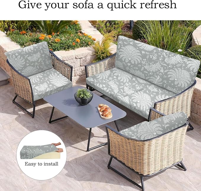 CALBODE Ourdoor Cushion Covers Waterproof Set of 8 Floral Printed Stretch Patio Chair Cushino Covers for Patio Furniture Replacement,Washable Couch Covers for Furniture(Grey)