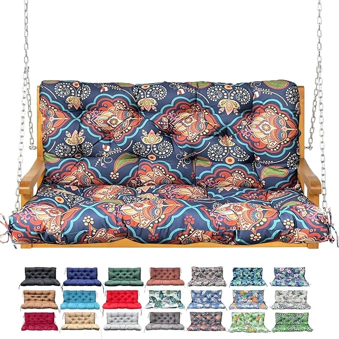 Porch Swing Cushion with Backrest,Waterproof Bench Cushion for Outdoor Furniture,2-3 Seater Replacement Thickened Swing Cushion with Ties,Patio,Outdoor,Backyard and Garden (Bohemian,40x40)
