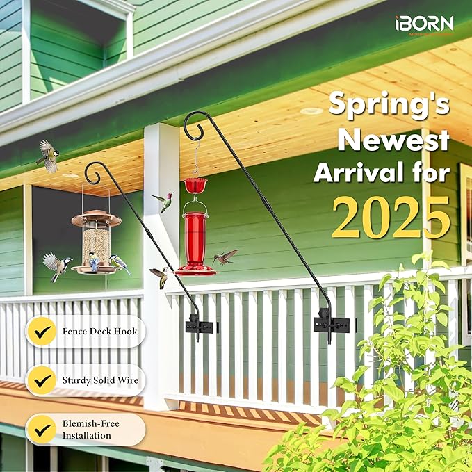 iBorn Fence Deck Hook 28 Inch Railing 180 Degree Rotary 1 Pack + Red Hummingbird Feeder with 14 Bee Guard Ports,13 OZ,2-Pack