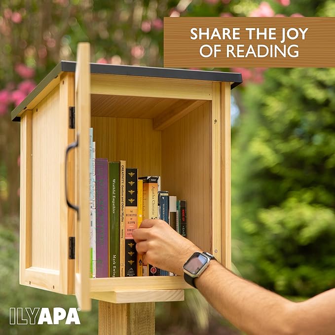 Ilyapa Outdoor Library Book Box - Free Literature Exchange Kit for Outside - Little Wood Cabinet for Sharing Books and Arts - Boox Exchange Box 13x11x16 Inch