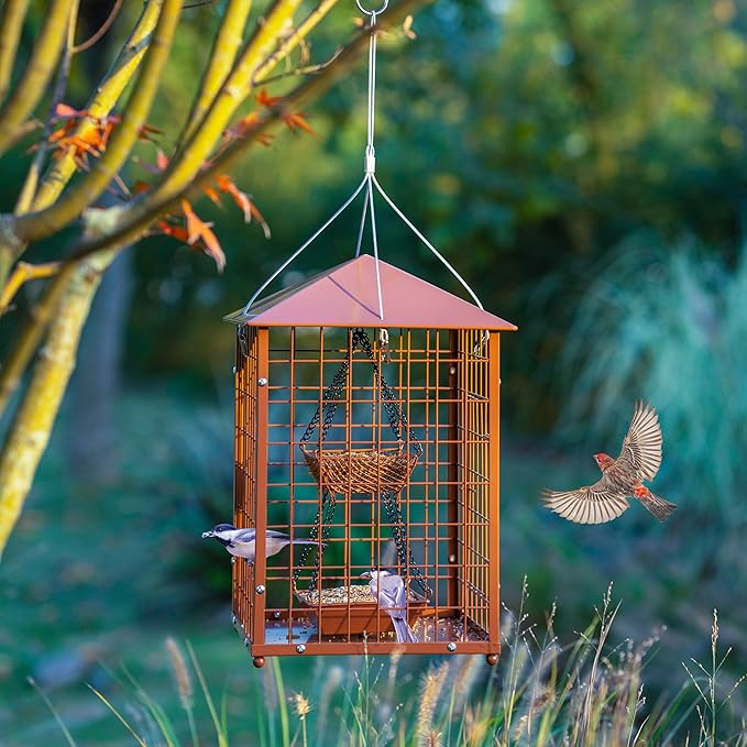 Mealworms Bird Feeders for Bluebirds - Metal - Huge Caged Squirrel-Proof Bird Feeders with 2 Cups, DIY Wild Bird Feeders Outdoor Hanging (Brown), Attract Wild Birds, 2lbs Seed Capacity+1 Mealworms Cup