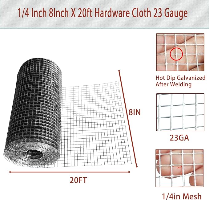 8in X 20ft Hardware Cloth 1/4 Inch 23Gauge, Galvanized Welded Wire Metal Roll, Garden Rabbit Fencing, Snake Fence, Chicken Gopher Racoons Critters Rehab Cage