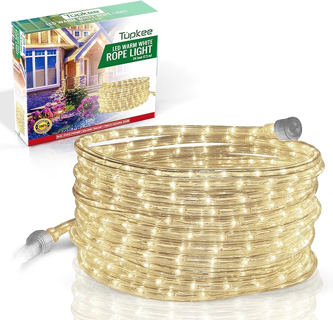 Tupkee LED Rope Light Warm-White - 24 Feet (7.3 m), for Indoor and Outdoor use - 10MM Diameter - 144 LED Long Life Bulbs Decorative Rope Tube Lights