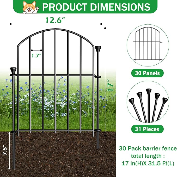 30 Pack Decorative Garden Fence Panels, 17in(H) x 31.5ft(L), Rustproof Metal No Dig Fence, Animal Barrier for Dogs & Rabbits, Anti Digging Fencing for Flower Bed Edging, Yard, Patio & Outdoor