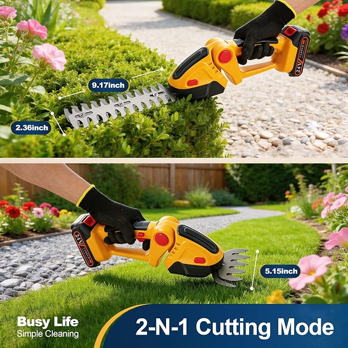 Yocada Handheld Cordless Hedge Trimmer&Grass Shear 2-in-1 Powerful Dual Batteries Electric Shrub Bush Trimmer 24V Grass Cutter Lightweight for Garden Lawn Care