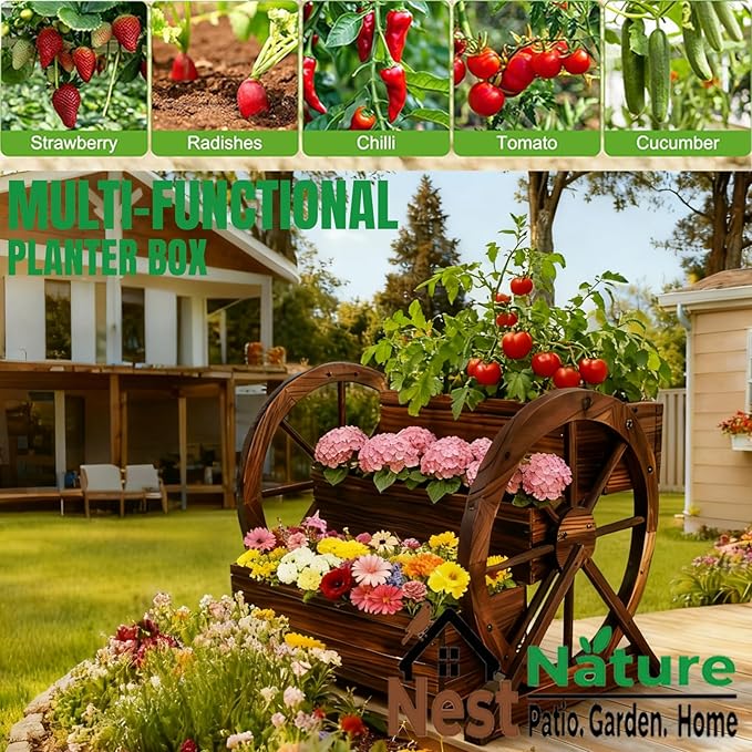 3 Tier Large Wooden Wagon Planter Box|Outdoor Planter/Flower Pot for Indoor&Outdoor Plants-Rustic Garden Planter for Patio,Porch&Garden Decor-Raised Garden Bed for Succulents,Herbs,Vegetables