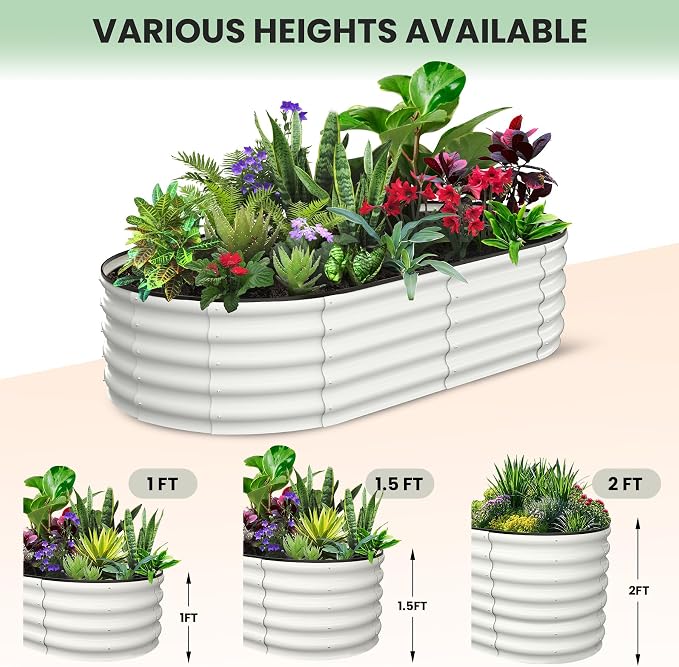 GarveeLife 2 Pcs 6x3x1 ft Oval Raised Garden Bed, Galvanized Raised Beds,Open-Ended Base Metal Raised Planter Beds,Garden Bed Outdoor,Planter Raised Boxes for Vegetables, Flowers,Tool-Free Asse,White