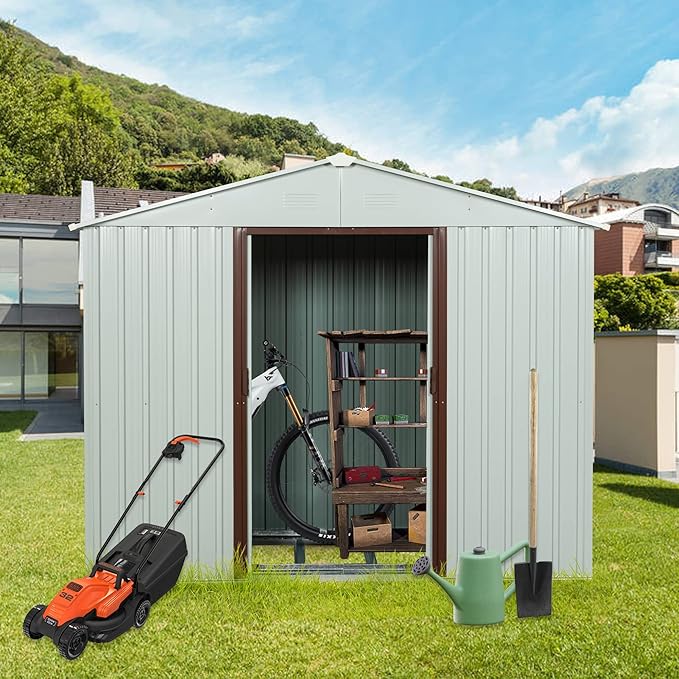 8x4 FT Outdoor Metal Storage Shed, Galvanized Steel Garden Shed with Window, Lockable Sliding Door, Sloped Roof, Ventilated Tool Storage House with Foundation Kit for Backyard Lawn Equipment, White