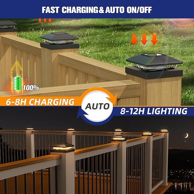 APONUO Solar Post Cap Lights for 4x4 Posts - IP64 Waterproof, 3000K LED, No-Wire Fence Lights & Deck Lights for Patio Garden Yard Patio, Black-Warm White, 8 Pack
