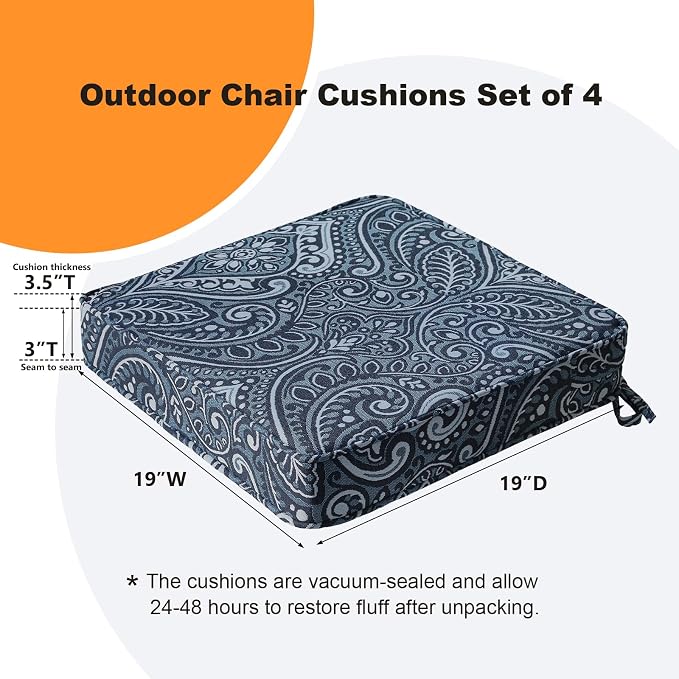 Unimatta Square Corner Seat Cushions, 19" x 19" x 3", Set of 4, Indoor Outdoor Water Repellent Universal Chair Pads with Ties for Patio Furniture, Garden Deck Dining Chairs, Damask Blue Flower