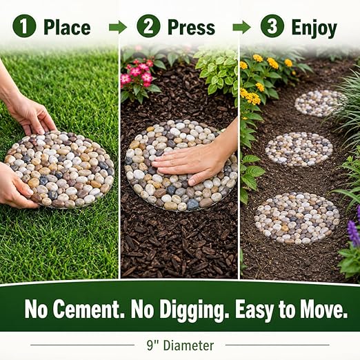 Stepping Stones Outdoor, Natural River Rock Garden Pavers, Set of 6 Round Pebble Stones for Walkway, Yard, Lawn, Patio, Pathway & Landscaping Decor (Roundness)