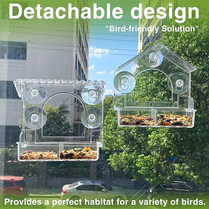 2PCS Window Bird Feeder with 4 Extra Strong Suction Cups, Clear Birdfeeders Bird House for Outdoors Window Viewing Outside, Removable Tray Birdhouse