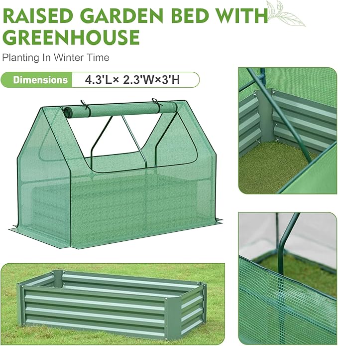 BPS Raised Garden Bed Set, 4x2x1 FT Metal Bottomless Flower Bed with PE Cover for Outdoor Planting, Green