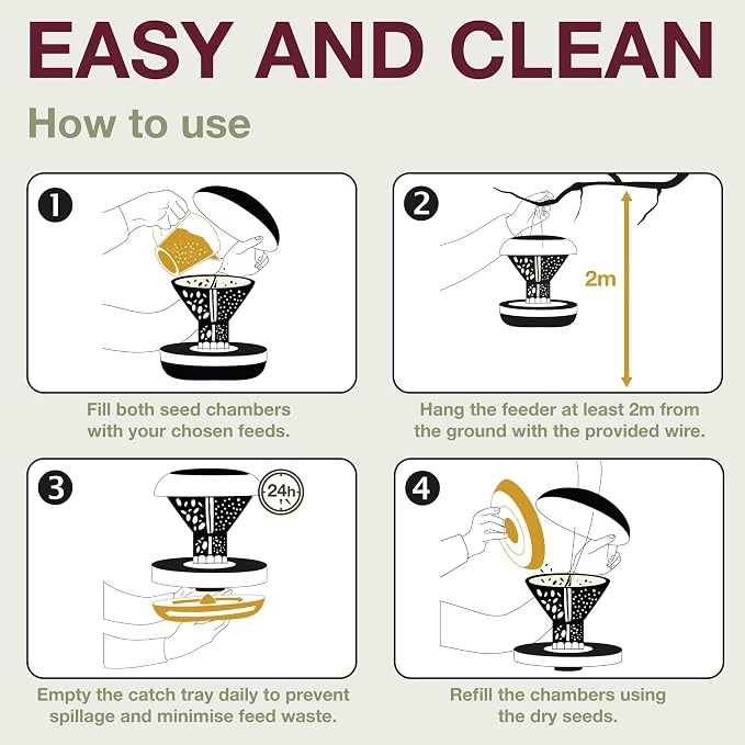 SWISSINNO Bird Feeders - No Mess Hanging Bird Feeder for Outdoors - Smart Birds Davos Spill Proof Wild Cardinal & Small Bird Feeder with Integrated Seed Catcher Tray - Dual Chamber - Light Grey