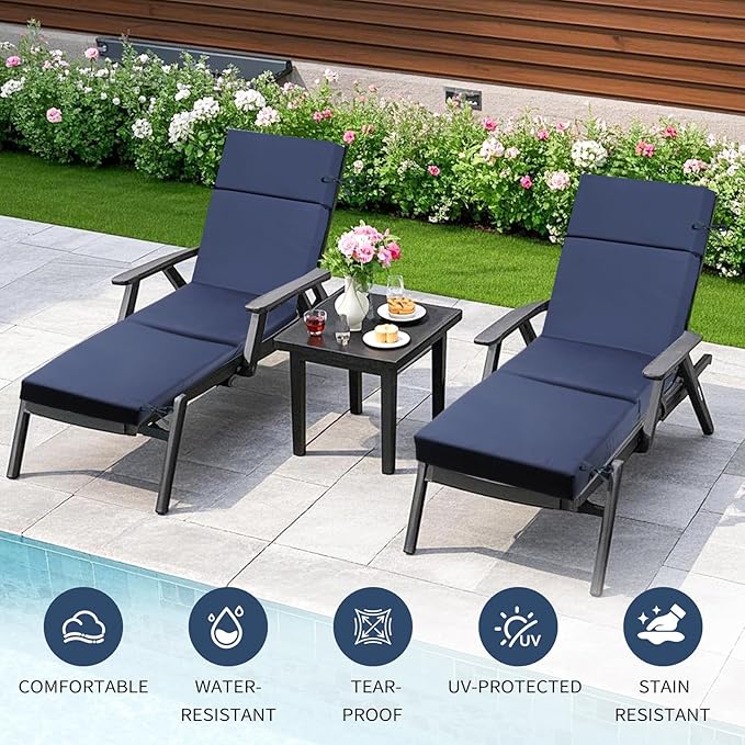 Outdoor Chaise Lounge Cushion 72" x 21" x 3", 4-Section Folding Patio Lounge Chair Cushion with Ties, Waterproof & Fade Resistant Replacement Cushion for Pool, Patio, Deck (Blue, 2 Pcs)