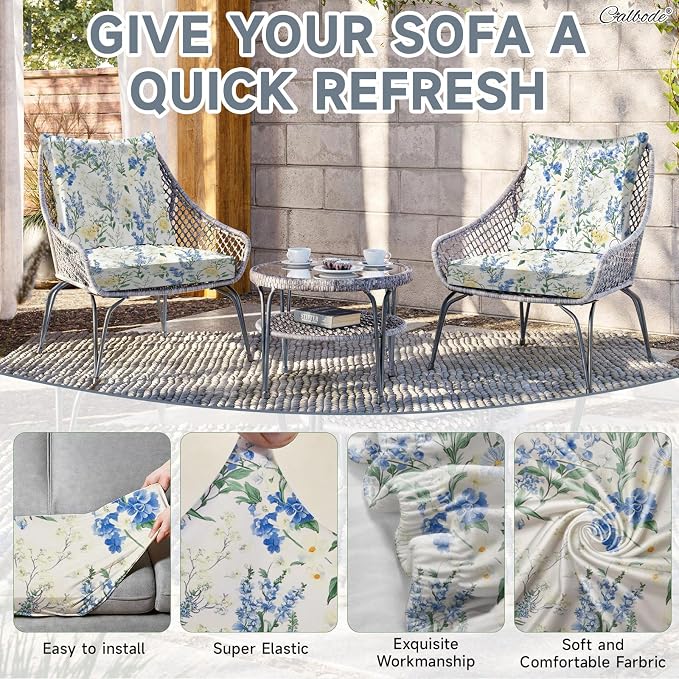 CALBODE 8 Pcs Stretch Outdoor Seat Cushion Covers, Washable Chair Seat Cover for Patio Furniture Cushions Soft Indoor and Outdoor Couch Cover Replacement (Bluebell, Cover Only)