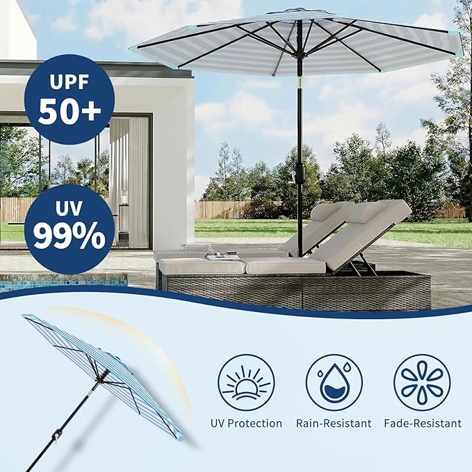 Garvee 9FT Outdoor Patio Umbrella 8 Sturdy Ribs Outdoor Table Umbrella with Crank Lift & Push Button Tilt - UV Protection Waterproof Market Umbrellas for Pool Deck Yard Garden, Blue & White Stripes