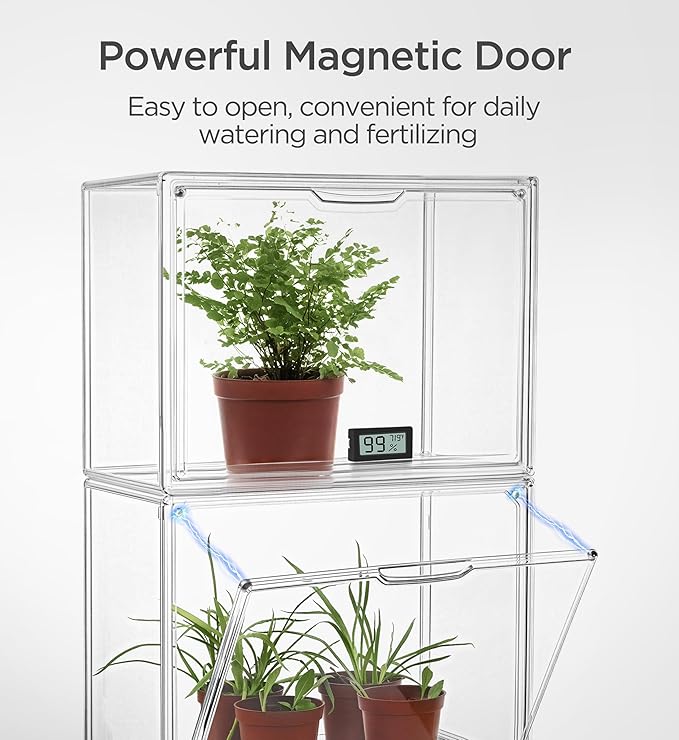 HBlife Mini Greenhouse for Indoor, Clear Stackable Green House with Magnetic Waterproof Door for Small Plants Nursery Germination and Display, Tabletop Portable Greenhouse, 14.1x8.6x10.6 Inch (1 Pack)