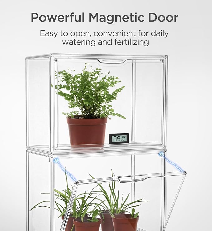 HBlife Mini Greenhouse for Indoor, Clear Stackable Green House with Magnetic Waterproof Door for Small Plants Nursery Germination and Display, Tabletop Portable Greenhouse, 14.1x8.6x10.6 Inch (2 Pack)