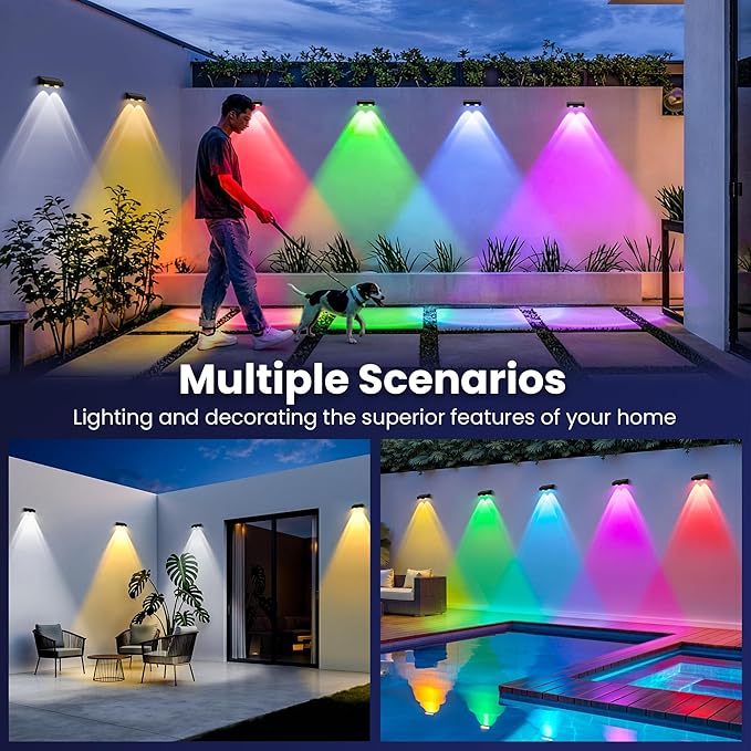 Solar Fence Lights Outdoor 12 Pack, 50 LM 11 Modes & 9 Colors Solar Lights with Brighter LED Focus Lens Waterproof IP65 for Wall Backyard Deck Patio Porch Step Railings Pool Decor