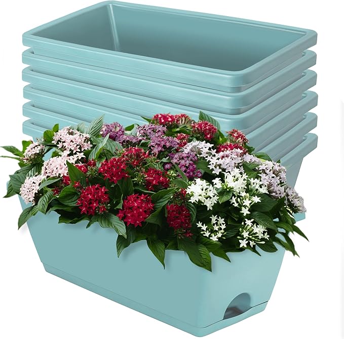 LOCONHA Window Box Planter, 7 Pack Plastic Vegetable Flower Planters Boxes 17 Inches Rectangular Flower Pots with Saucers for Indoor Outdoor Garden, Patio, Home Decor