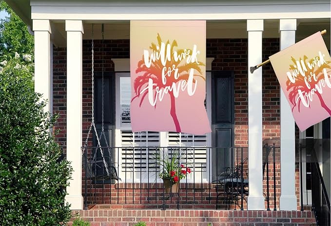 Mugod Funny Words Burlap House Flags for Outdoor, Tropical Palm Tree Lettering Summer Travel Adventure Large Yard Flags 28 x 40 Double Sided Seasonal Decorative Flag for House Garden Decoration