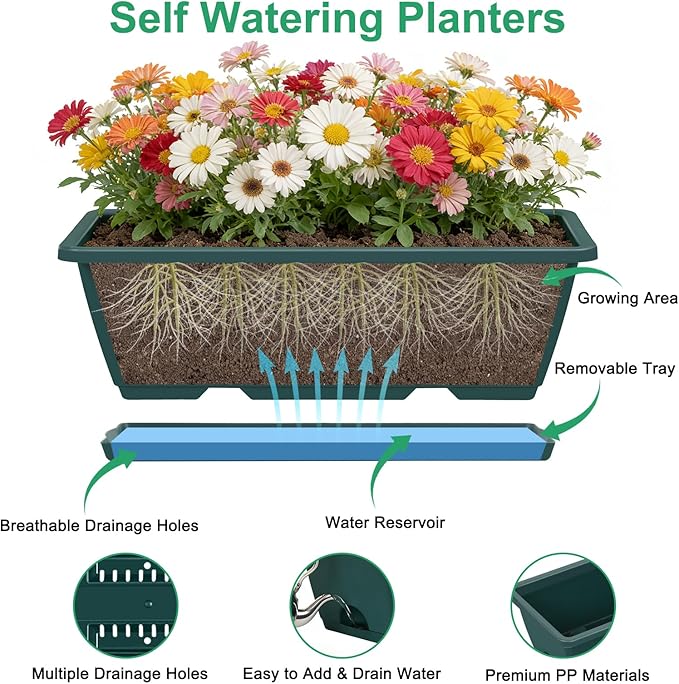 Deck Railing Planter Boxes 2 Tier Green Outdoor Hanging Planters Set of 2 with 4 Pack Flower Boxes 16.9 Inch Window Boxes Planters with Adjustable Brackets Balcony Planters for Garden Porch Patio