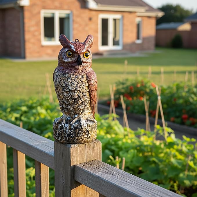 Owl Deterrent 11 Inch – Plastic Fake Decorative Bird Scarecrow Protection, Nature’s Enemy Pest Repellent to Scare Birds Away, Outdoor Garden Yard Protector Statue, Realistic Eyes, Home Halloween Decor