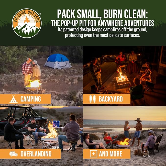 Fireside Outdoor Portable Fire Pit for Camping Fire Pit 24 Inch - Collapsible Pop Up Firepits for Outside, Portable Campfire Pits, Small Firepit for Outside, Weighs 7 lbs, Heat Shield NOT Included