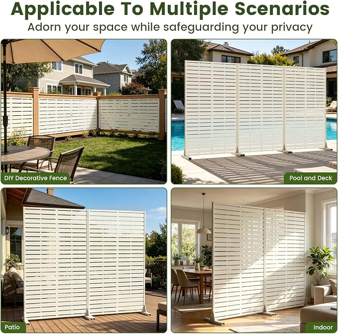 Outdoor Privacy Screen 60" H HDPE Decorative Panel Freestanding Privacy Fence with Stand, Privacy Screens with Louvered 5 Panels, Weather-Resistant Panel Fence for Patio,Balcony,Pool,White