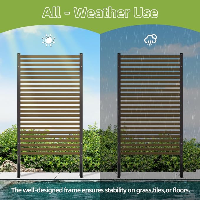 Privacy Screen Freestanding Outdoor,3ft × 4ft Wood Grain Metal Decorative Privacy Fence Panels with Base Feet for Patio,Dark Brown
